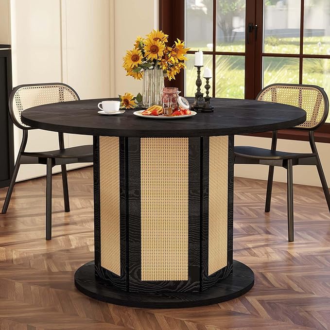DWVO Round Dining Table for 4-6 People, 47 Inch Farmhouse Kitchen Table with Rattan Circular Base, Wooden Dinner Table for Dining Room Family Gathering, Black - LeafyLoom