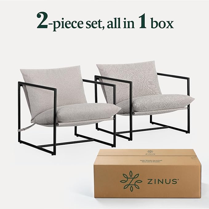 ZINUS Aidan Sling Accent Chair, Pack of 2, Metal Framed Armchair with Shredded Foam Cushioning, Oatmeal - LeafyLoom