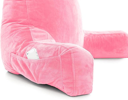 Husband Pillow XXL Pink Backrest with Arms, Adult Reading Pillow with Shredded Memory Foam, Ultra-Comfy Removable Microplush Cover & Detachable Neck Roll, Unmatched Support for Bed Rest Sit Up Pillow - LeafyLoom