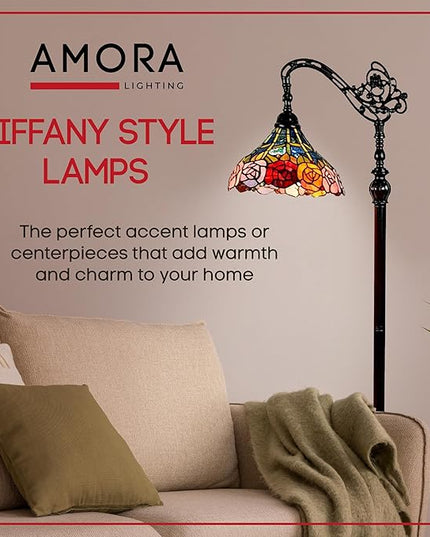 Amora Tiffany Floor Lamp - Arched, Stained Glass 62” with Foot Switch Operation and Adjustable Lamp Shade - Custom Handcrafted Floor Lamps for Living Room in Red Yellow Green Rose Flower - LeafyLoom
