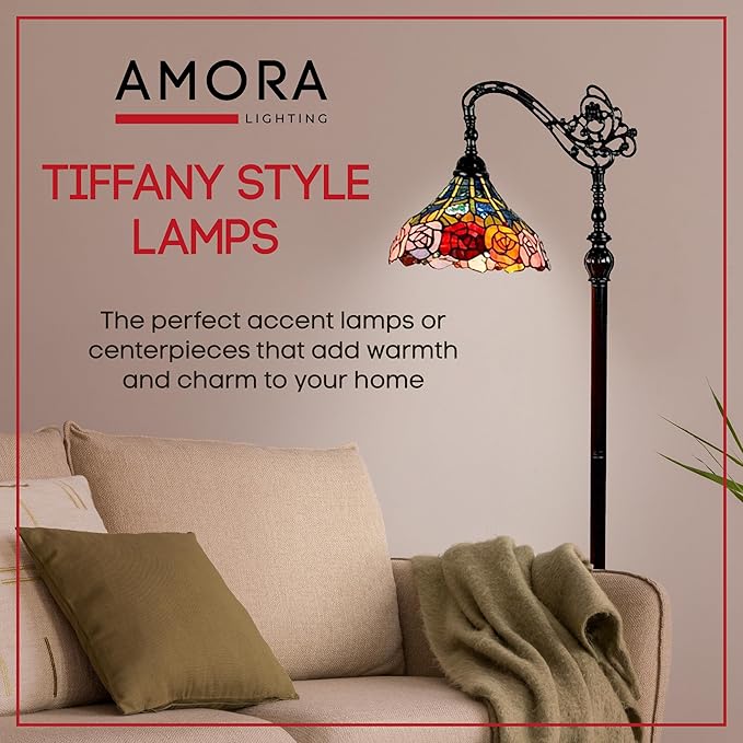 Amora Tiffany Floor Lamp - Arched, Stained Glass 62” with Foot Switch Operation and Adjustable Lamp Shade - Custom Handcrafted Floor Lamps for Living Room in Red Yellow Green Rose Flower - LeafyLoom