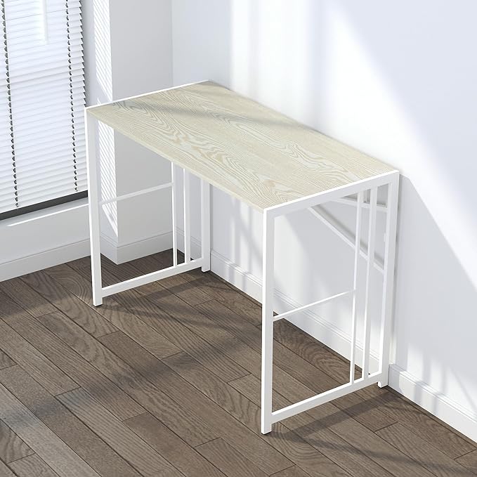 40 inch Folding Desk, Writing Gaming Computer Camping Desk, No Assembly Required Home Office Table, Natural and White - LeafyLoom