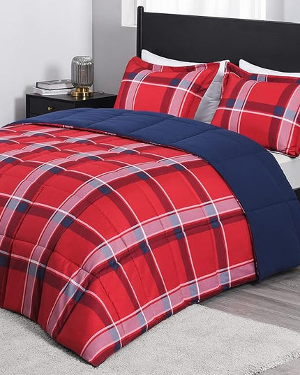 downluxe Twin Comforter Set (66"x92") 2-Piece,Plaid Red Reversible Comforter,1 Reversible Pillow Sham 20"x26",Microfiber Comforter,Soft and Comfortable - LeafyLoom