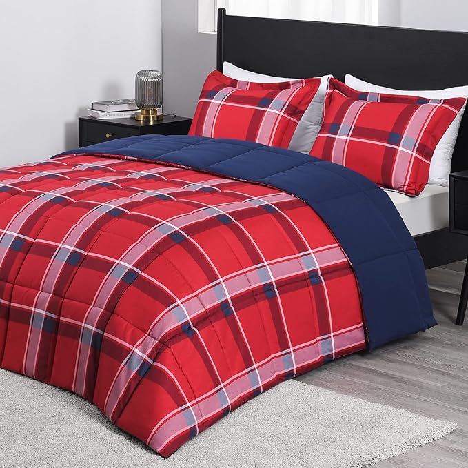 downluxe Twin Comforter Set (66"x92") 2-Piece,Plaid Red Reversible Comforter,1 Reversible Pillow Sham 20"x26",Microfiber Comforter,Soft and Comfortable - LeafyLoom