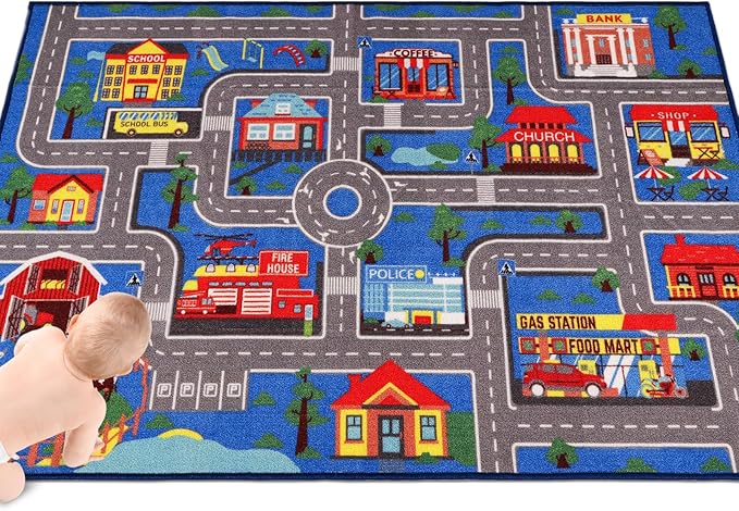 Kids Carpet Playmat Rug 59"x39.4", Car Rug for Kids Cars, Non-Slip Town City Road Map Kids Rug for Playroom Bedroom Boys, Kids Car Mat Road Rug, Track Rug Car Play Rug for Kids (59X39.4 INCH-Blue) - LeafyLoom