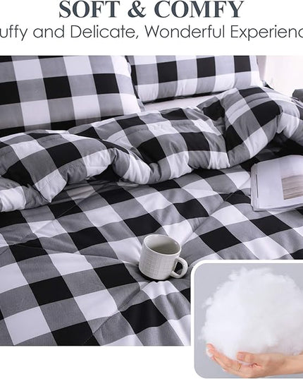 Andency Black Plaid Comforter Set King Size (90x104 Inch), 3 Pieces (1 Gingham Comforter and 2 Pillowcases), Summer Lightweight Microfiber Buffalo Check Down Alternative Comforter Set - LeafyLoom