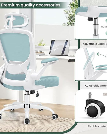 KERDOM Ergonomic Office Chair, Breathable Mesh Desk Chair, Lumbar Support Computer Chair with Headrest and Flip-up Arms, Swivel Task Chair, Adjustable Height Gaming Chair, LightBlue - LeafyLoom