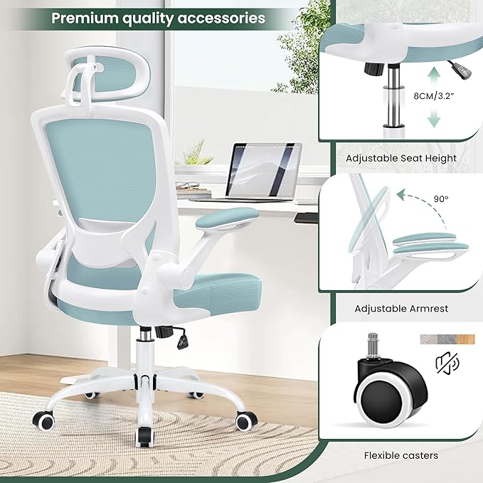 KERDOM Ergonomic Office Chair, Breathable Mesh Desk Chair, Lumbar Support Computer Chair with Headrest and Flip-up Arms, Swivel Task Chair, Adjustable Height Gaming Chair, LightBlue - LeafyLoom