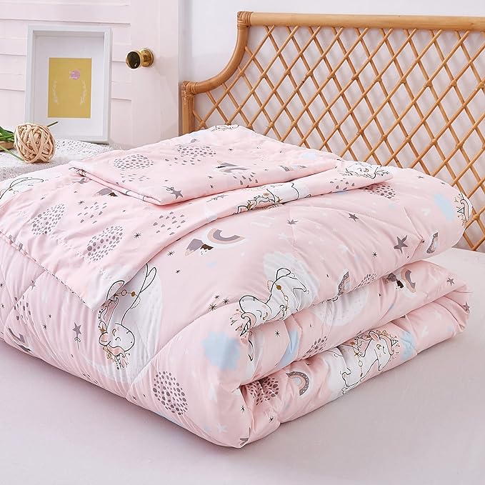 JSD Pink Unicorn Kids Comforter Set for Girls, 3 Pieces Full Microfiber Comforter with Pillow Sham, Soft Comfortable Machine Washable - LeafyLoom