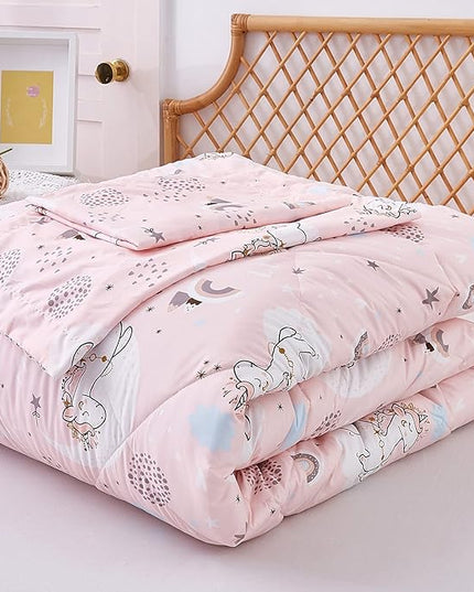 JSD Pink Unicorn Kids Comforter Set for Girls, 2 Pieces Twin Microfiber Comforter with Pillow Sham, Soft Comfortable Machine Washable - LeafyLoom