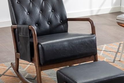Armchair with Ottoman, Mid-Century Upholstered Accent Nursery, Glider Rocker Thick Cushion, Comfy Indoor Leisure Lounge Living Room, Bedroom, Office, Rocking Chair, Black - LeafyLoom