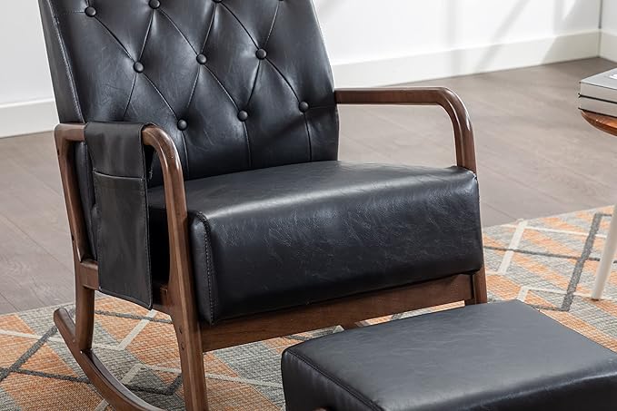 Armchair with Ottoman, Mid-Century Upholstered Accent Nursery, Glider Rocker Thick Cushion, Comfy Indoor Leisure Lounge Living Room, Bedroom, Office, Rocking Chair, Black - LeafyLoom