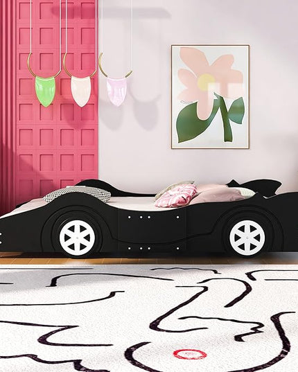 Car Shaped Toddler Bed with Wheels,Racecar Platform Beds W/Safety Guardrail,Slats Support,Stylish Design,Easy Assembly,Wood Full Bedframe for Boys Toddlers Kids Teens Bedroom,Black - LeafyLoom
