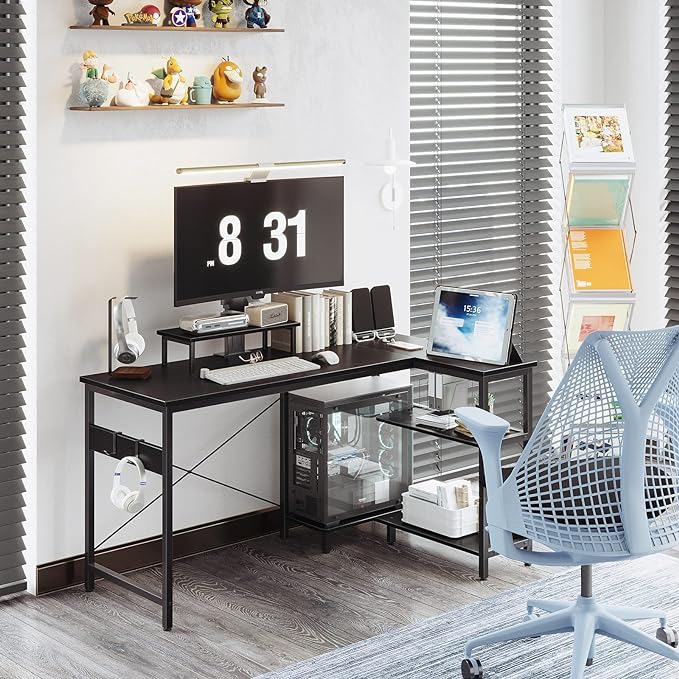 KKL 51 Inch L Shaped Computer Desk with Storage Shelves, Corner Desk with Monitor Stand for Small Space, Modern Simple Writing Study Table for Home Office, Black - LeafyLoom