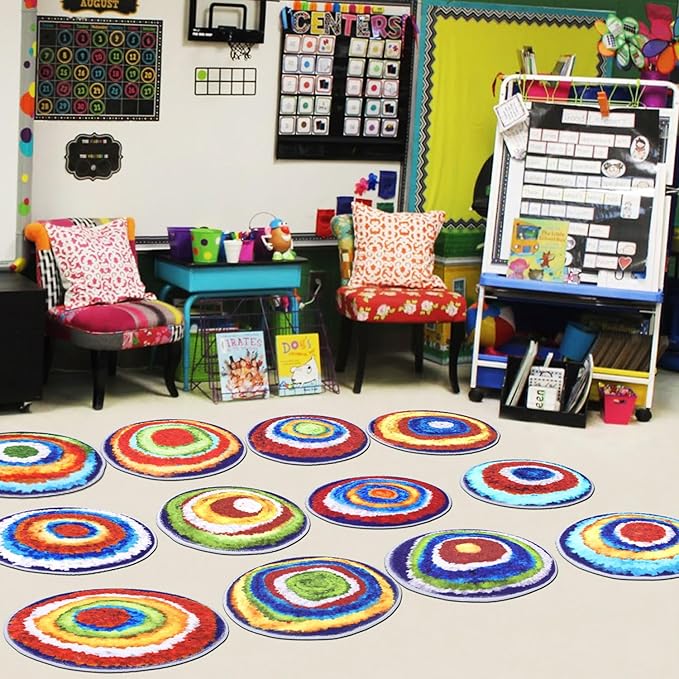 HiiARug Carpet Circles Kids Rug 16" Rainbow Crazy Carpet Circle Seats Pre-School Classroom Accessories 12pcs Round Carpet Seats Group Activity Spots Marker for Classroom Kindergarden Playroom - LeafyLoom
