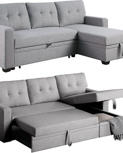 4-in-1 Pull Out Sofa Bed Modular Convertible Living Room Furniture Sets Upholstered, L Shaped Sectional Comfy Couch with Reversible Storage Chaise for Apartment, Studio, Office(Light Gray) - LeafyLoom