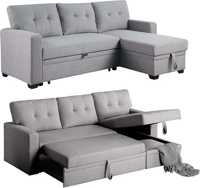 4-in-1 Pull Out Sofa Bed Modular Convertible Living Room Furniture Sets Upholstered, L Shaped Sectional Comfy Couch with Reversible Storage Chaise for Apartment, Studio, Office(Light Gray) - LeafyLoom