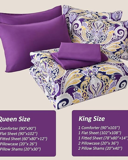 Yiran Purple Paisley Comforter Set Queen 7 Pieces Bed in a Bag Boho Comforter Lightweight Microfiber Reversible Bedding Set (1 Comforter, 1 Flat Sheet, 1 Fitted Sheet, 2 Pillowcases, 2 Pillow Shams) - LeafyLoom