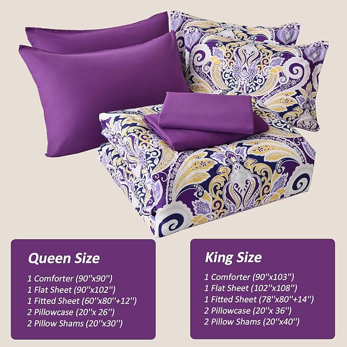 Yiran Purple Paisley Comforter Set King 7 Pieces Bed in a Bag Boho Comforter Lightweight Microfiber Reversible Bedding Set (1 Comforter, 1 Flat Sheet, 1 Fitted Sheet, 2 Pillowcases, 2 Pillow Shams) - LeafyLoom