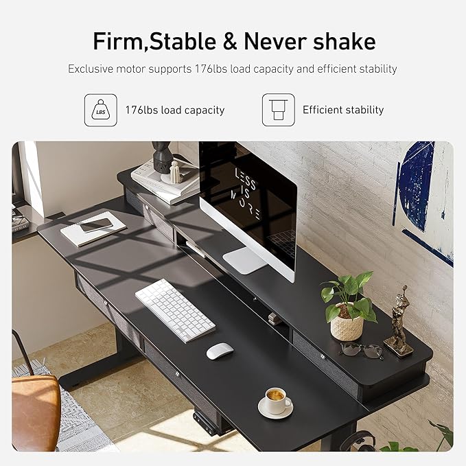 FEZIBO Sturdy Height Adjustable Electric Standing Desk with Drawers, 55 x 24 Inch Stand Up Table with Large Storage Shelf, Sit Stand Desk, Black Top - LeafyLoom
