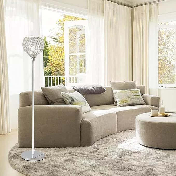 Spherical Crystal Floor Lamp, Silver 8.7 in Shade Elegant Standing Light with Crystal Lamp Shade for Living Room, Bedroom, Office, Modern Chrome 61 in Tall Pole Lighting, E26 Base, LED Bulb Included - LeafyLoom
