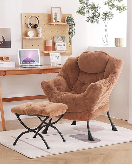 Welnow Lazy Chair with Ottoman, Modern Lounge Accent Chair with Armrests and a Side Pocket, Leisure Sofa Chair, Reading Chair with Footrest for Small Space, Corner Chair, Plush Brown - LeafyLoom