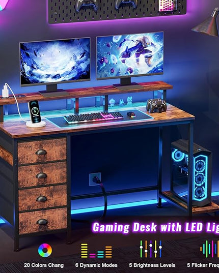 Furologee Desk with Power Outlets and LED Lights, 47in Gaming Computer Desk with 4 Fabric Drawers, Home Office Desk with Full Monitor Stand and Shelf, Study Writing Desk Bedroom, Rustic Brown - LeafyLoom
