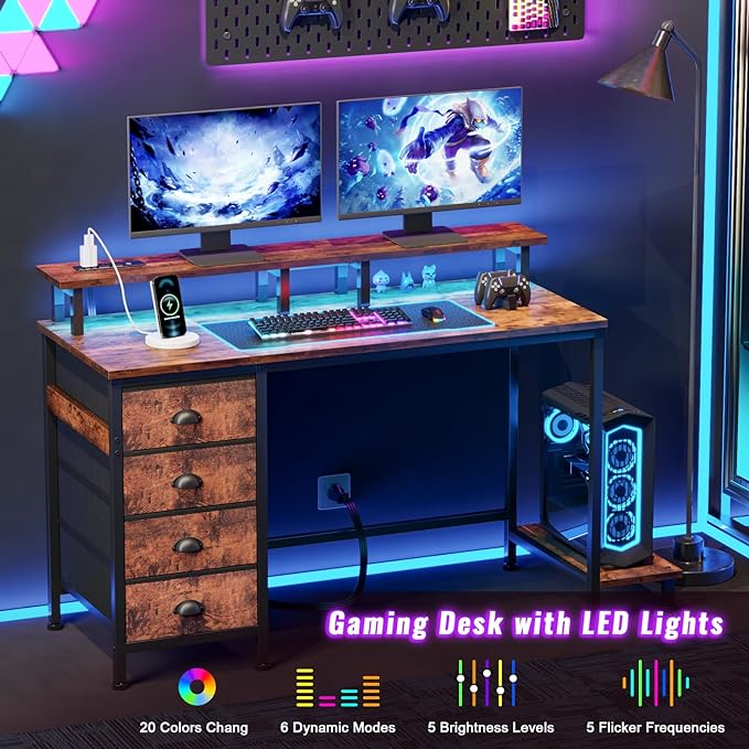 Furologee Desk with Power Outlets and LED Lights, 47in Gaming Computer Desk with 4 Fabric Drawers, Home Office Desk with Full Monitor Stand and Shelf, Study Writing Desk Bedroom, Rustic Brown - LeafyLoom