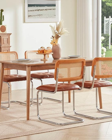 Farini Kitchen Dining Chairs Set of 2,Mid-Century Modern Chair Armless Mesh Backrest Cane Rattan Chairs for Home Dining Room(Brown,PU Leather) - LeafyLoom