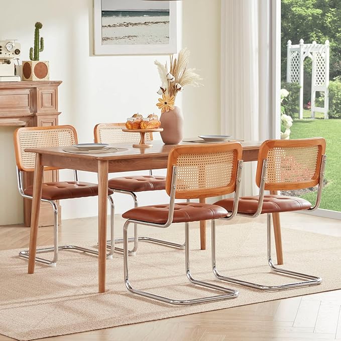 Farini Kitchen Dining Chairs Set of 2,Mid-Century Modern Chair Armless Mesh Backrest Cane Rattan Chairs for Home Dining Room(Brown,PU Leather) - LeafyLoom