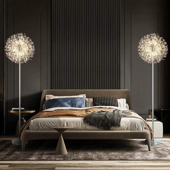 BesLowe 69'' Crystal Floor Lamp for Living Room, Modern Standing Lamp with 738PCS K9 Crystals, Tall Lamp Pole Light for Bedroom Office, Mid Century Silver Floor Lighting with 9 LED Bulbs, Chrome - LeafyLoom