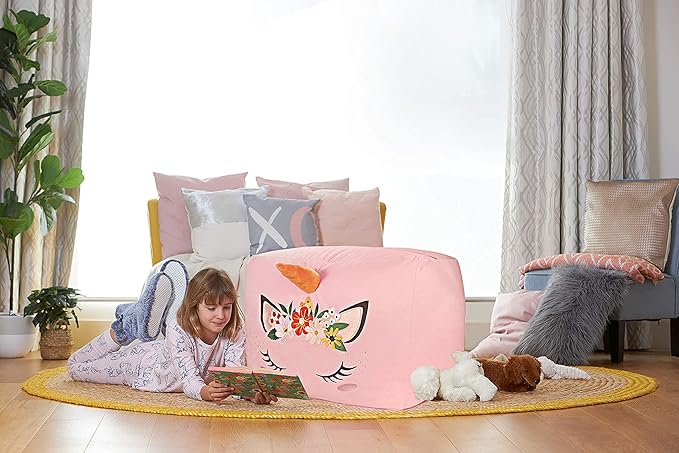 Aubliss Unicorn Stuffed Animal Storage Bean Bag Chair for Kids, Velvet Extra Soft Beanbag Chairs Cover, X-Large Stuffable Zipper Bean Bag for Organizing Plush Toys Girls Bedroom Decor, Pink Floral - LeafyLoom