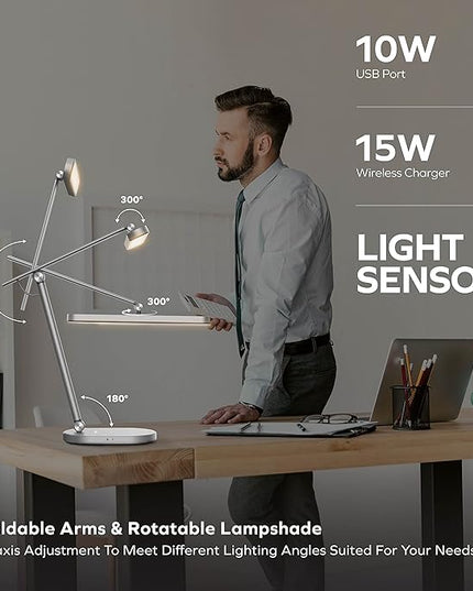 MOMAX LED Desk Lamp with 15W Wireless Charger, Eye-Caring Q.Led Table Lamp with Light Sensor, 1000 Lumens, 10W USB Port, Foldable & Rotatable, Desk Light for Home Office, Reading, Studying (White) - LeafyLoom