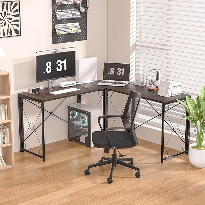 VECELO 59"x59" L Shaped Desk for Computer Gaming Multi-Usage Long 2 Person Table for Home Office Sturdy Writing Workstation, Easy Assembly/Saving Space, Oak Gray - LeafyLoom