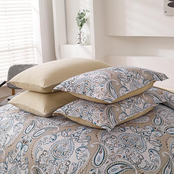 Yiran 7 Pieces Paisley Bedding Set Comforter Set Brown Boho Floral Bed in a Bag Microfiber Comforter Queen Size 90"×90"(1 Comforter,2 Pillowcases,2 Pillow Shams,1 Flat Sheet,1 Fitted Sheet) - LeafyLoom