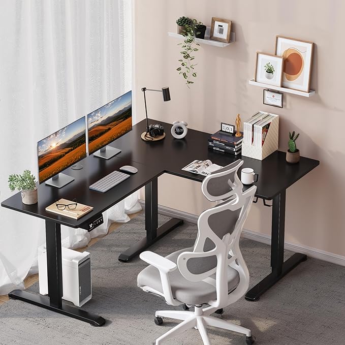 L-Shaped Electric Standing Desk, 63 x 48 Inches Height Adjustable Coner Table, Home Office Computer Workstation, Black, 63 x 48 Inch - LeafyLoom