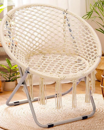 PASAMIC Boho Chair with Folding Metal Frame, 100% Cotton Handmade Round Cozy Chairs, Exquisite Comfy Chair for Bedroom, Living Room Décor Beige - LeafyLoom