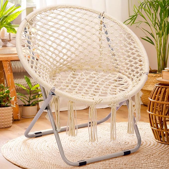 PASAMIC Boho Chair with Folding Metal Frame, 100% Cotton Handmade Round Cozy Chairs, Exquisite Comfy Chair for Bedroom, Living Room Décor Beige - LeafyLoom