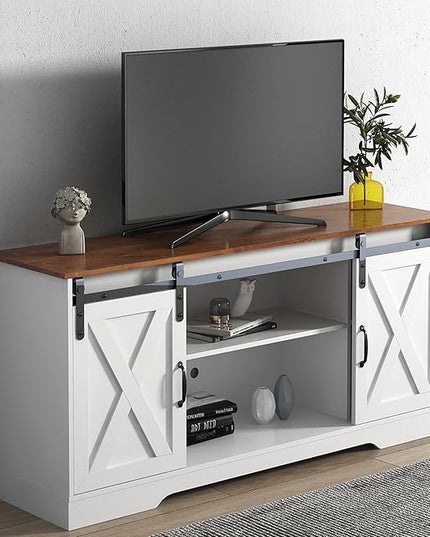 TV Stand with 2 Sliding Barn Doors, 59 Inch Television Stands with Adjustable Shelves for TVs Up to 65", Entertainment Center with Storage for Living Room, Distressed White - LeafyLoom