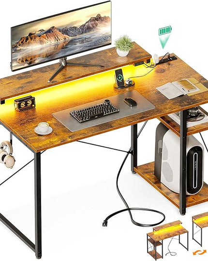 MOTPK Small Computer Desk with Led Lights & Power Outlet, 40 Inch Reversible Writing Desk with Shelves, Kids Desk with Adjustable Monitor Stand & Headphone Hook, Work Desk for Home Office, Brown - LeafyLoom