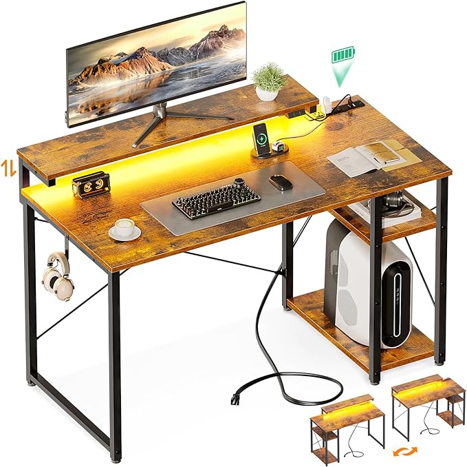 MOTPK Small Computer Desk with Led Lights & Power Outlet, 40 Inch Reversible Writing Desk with Shelves, Kids Desk with Adjustable Monitor Stand & Headphone Hook, Work Desk for Home Office, Brown - LeafyLoom