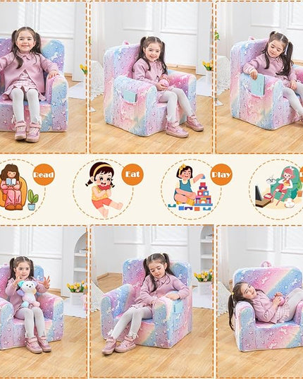 Snuggly-Soft Cuddly Toddler Plush Armchair for Boys and Girls Glowing Pink Fuzzy Plush Kids Sofa Couch Reading Chair with Children Friendly Handle for Easy Movement & Double Pockets for Storage - LeafyLoom