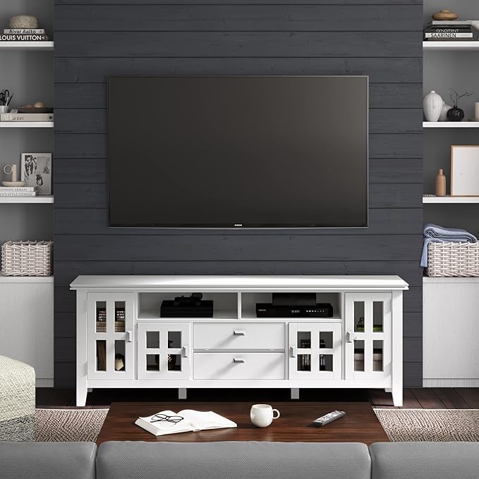 SIMPLIHOME Artisan SOLID WOOD 72 Inch Wide Contemporary TV Media Stand in White for TVs up to 80 Inches, For the Living Room and Entertainment Center - LeafyLoom