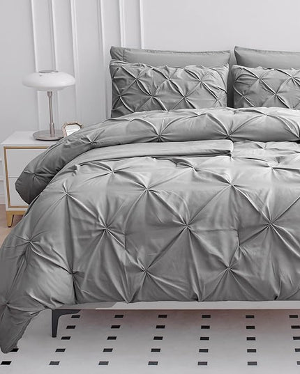 LANE LINEN 7 Piece Queen Comforter Set with Sheets, Pintuck Bedding Queen Size Set, Soft Bed in A Bag Queen, Pinch Pleated Queen Bed Set, Fluffy Queen Bedding Set with Pillowcases & Shams - Silver - LeafyLoom
