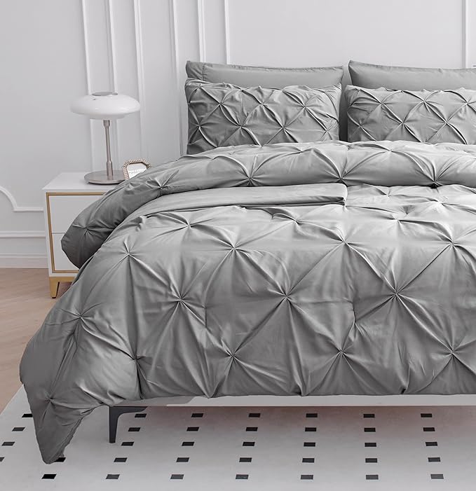 Lane Linen King Comforter Set, King Size Comforter Set 7 Pieces, Bed in a Bag King Size, Pintuck King Size Bedding Sets, King Bed Set, King Size Comforter Set with Sheets, Pillowcases & Shams - Silver - LeafyLoom