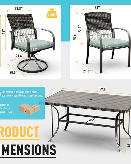 Pamapic 7 Piece Patio Dining Set for 6,Wicker Outdoor Furniture Set for Backyard Garden Deck Poolside with Iron Slats Table Top,4 Dining Chairs and 2 Swivel Rockers,Removable Cushions(Green) - LeafyLoom