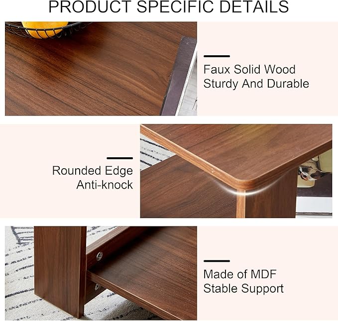 Farmhouse Wood Coffee Table - Boho Tea Table with Storage Shelf, Rectangle Center Table Wood Look Accent Table, 2-Tier Sofa Side Table Modern Rectangular Coffee Table Living Room Furniture - LeafyLoom