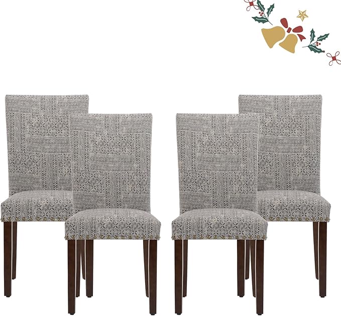 Parsons Dining Chairs Set of 4, Upholstered Nailhead Dining Room Kitchen Side Chair with Thick Cushions and Wood Legs, Black/White - LeafyLoom