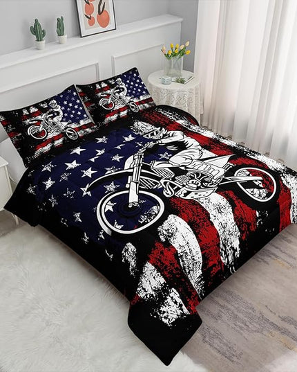 Axolotl Dirt Bike Comforter Set Twin,American Flag Bedding Set,Motocross Comforter Set,White Red Stripes Stars Comforter Set,Motorcycle Racer Comforter for Boys Kids Teens Men,1 Quilt 2 Pillowcases - LeafyLoom