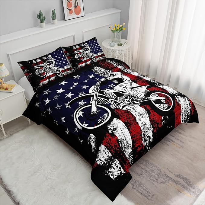 Axolotl Dirt Bike Comforter Set Twin,American Flag Bedding Set,Motocross Comforter Set,White Red Stripes Stars Comforter Set,Motorcycle Racer Comforter for Boys Kids Teens Men,1 Quilt 2 Pillowcases - LeafyLoom